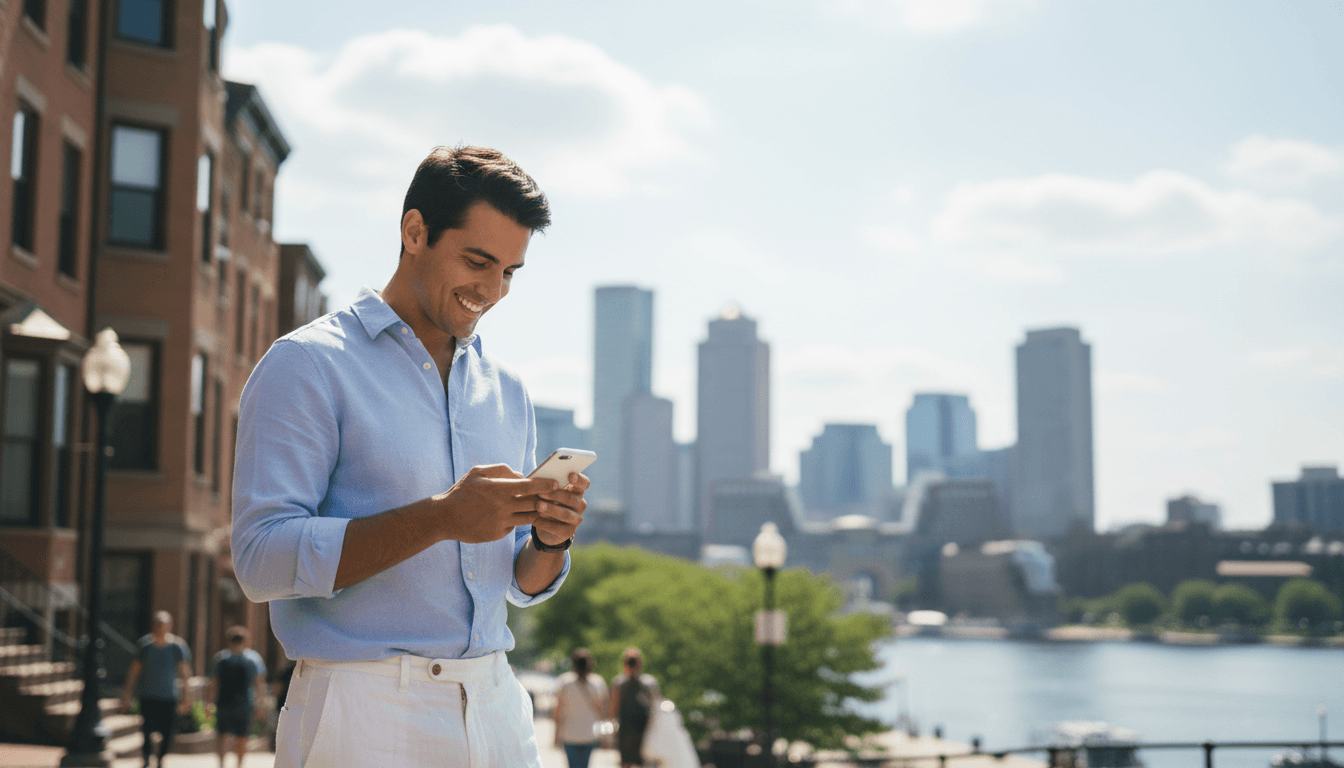 Person using a smartphone in a Boston neighborhood