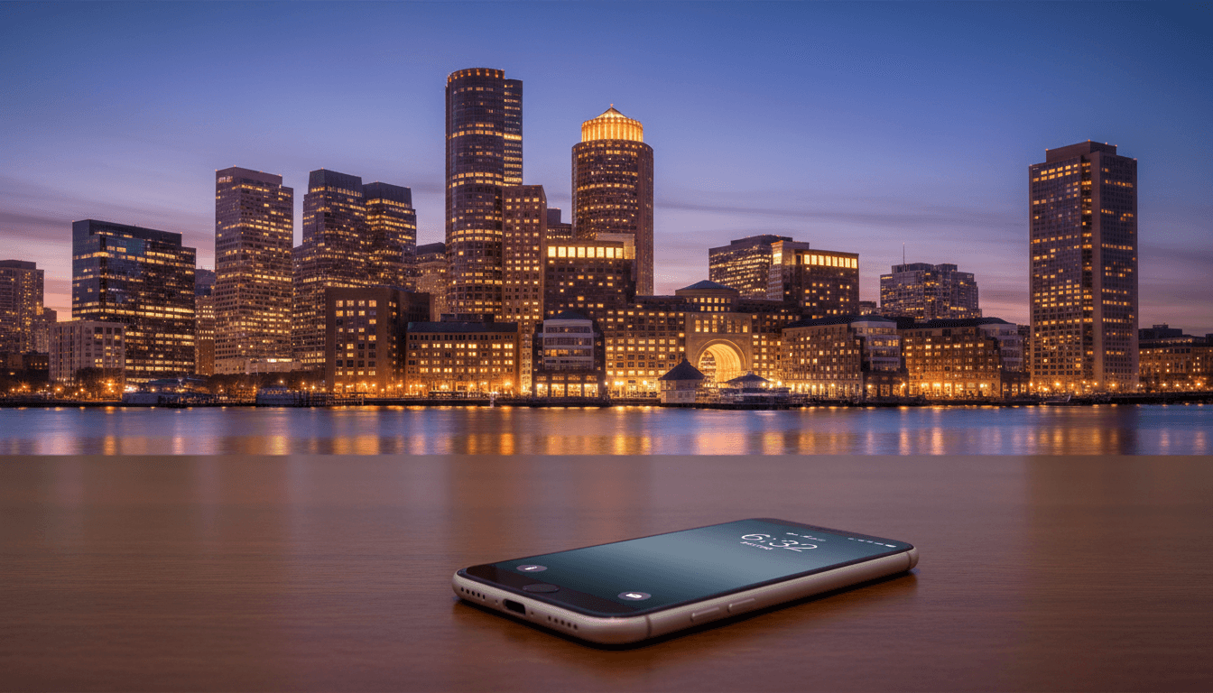 Smartphone with service bars in front of the Boston skyline at dusk